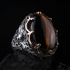 Handgemaakte tijgeroog zilveren ring, bruine stenen herenring, tijgeroog zilveren ring, tijgeroog edelsteen enorme ring, heren edelsteenring, cadeau voor mannen