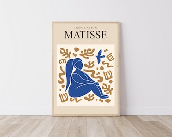 Matisse-inspirerad poster - blommigt tryck och blå kurvig kvinna - digital fil A2/A3/A4/A5/50x70 - Henri Matisse konstväggdekoration