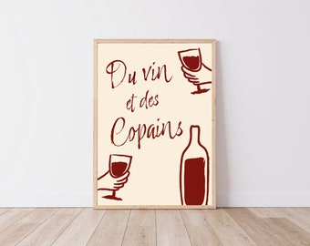 Kitchen poster - wine and friends poster - red color - digital file A2/A3/A4/A5/50x70 - kitchen and dining room wall decoration