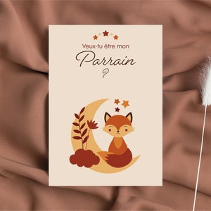 Cartão você quer ser meu padrinho - pedido de padrinho - ilustração de raposa e lua