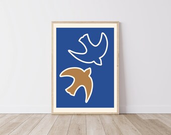 Matisse-inspirerad poster - abstrakta blå och orange fåglar - digital fil A2/A3/A4/A5/50x70 - Henri Matisse konstväggdekoration