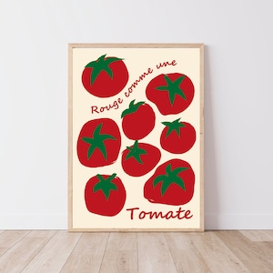 Peut inclure: Une affiche avec un fond blanc et des tomates rouges avec des feuilles vertes. Le texte sur l'affiche dit "Rouge comme une Tomate".