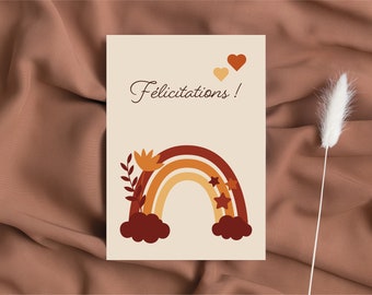 Carte FELICITATIONS - carte naissance - illustration arc en ciel