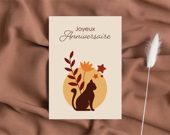 Carte JOYEUX ANNIVERSAIRE - carte d'anniversaire - illustration chat et fleurs