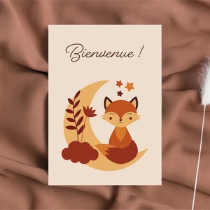 WELCOME card - baby birth card - fox and moon illustration
