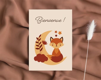 Carte BIENVENUE - carte naissance bébé - illustration renard et lune