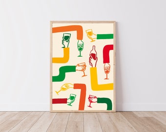 Könnte beinhalten: Abstrakter Kunstdruck mit einem Muster aus bunten Armen, die Weingläser und eine Weinflasche halten. Die Arme sind stilisiert und bilden eine durchgehende Linie, die ein dynamisches und verspieltes Design erzeugt.