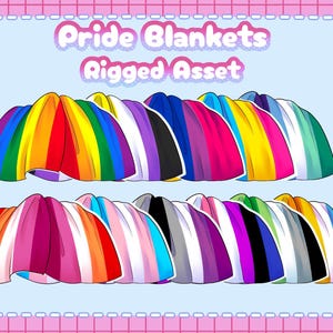 Könnte beinhalten: Eine Sammlung von Pride-Decken, jede mit einem anderen Flaggen-Design. Die Decken sind in Reihen angeordnet und zeigen verschiedene Farben und Muster, die mit verschiedenen LGBTQ+-Identitäten verbunden sind. Der Text oben lautet "Pride Blankets Rigged Asset."