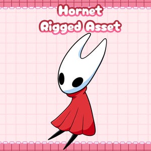 Puede incluir: Ilustración de dibujos animados de un personaje llamado Hornet. El personaje tiene una cabeza blanca con dos cuernos, ojos negros y una capa roja. Las palabras "Hornet Rigged Asset" están escritas en rojo sobre un fondo rosa.
