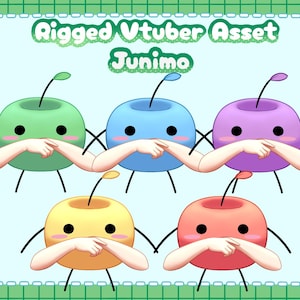 May include: Five animated Junimo characters with different colored bodies, green, blue, purple, yellow, and red. Each Junimo has a cherry stem on top of their head and is covering their face with their arms. The text "Rigged Vtuber Asset Junimo" is at the top of the image.