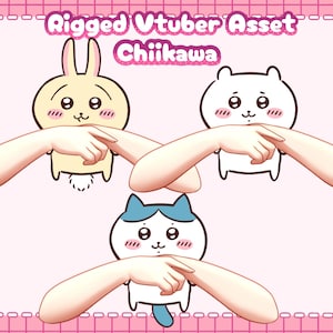 Puede incluir: Tres personajes de dibujos animados con los brazos extendidos, un conejo amarillo, un gato blanco y un gato azul y blanco. El texto "Rigged Vtuber Asset Chiikawa" está en la parte superior de la imagen.