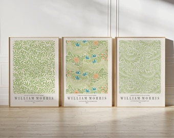 May include: Three framed prints with a green background and floral patterns. The prints are titled "William Morris" and feature the text "Cotton Print Collection 1875".