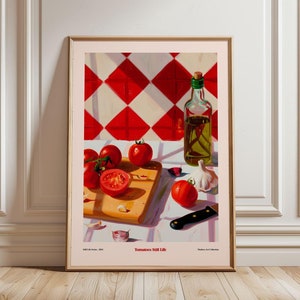 May include: A still life painting of red tomatoes, garlic, and a bottle of olive oil on a white countertop with a red and white checkered tile background. The painting is titled "Tomatoes Still Life".