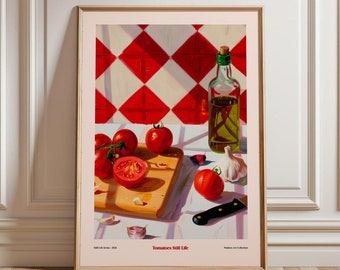 May include: A still life painting of red tomatoes, garlic, and a bottle of olive oil on a white countertop with a red and white checkered tile background. The painting is titled "Tomatoes Still Life".