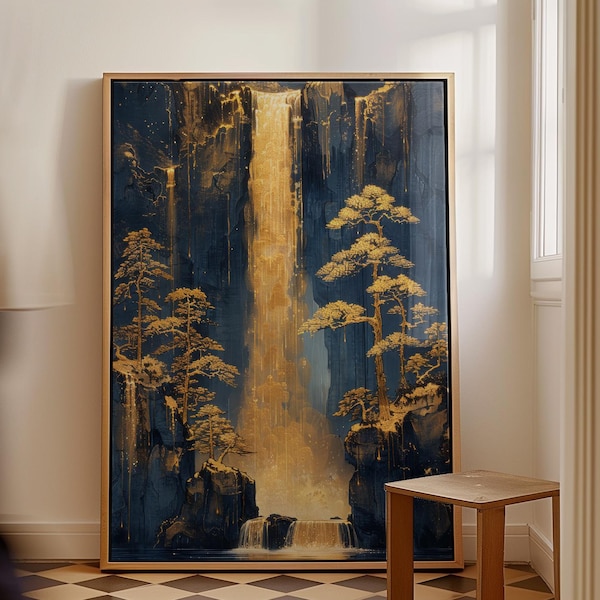 Cuadro en lienzo enmarcado, lámina de cascada dorada de Yayoi Kusama, decoración grande para dormitorio, lámina de arte japonés para pared, regalo de inauguración de casa