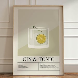 Gin Tonic Print Wall Art oprawione, koktajl plakat pomysł na prezent, kuchnia i jadalnia alkohol wydruki Wall Art, prezent na parapetówkę,