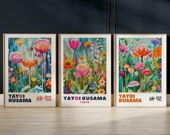 Yayoi Kusama 3 Piece Poster Set - Japanese Wall Art, Kusama Inspired Art, Wall Art Yayoi Kusama Print, Japanese Gallery Poster Set
