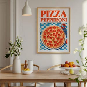 May include: A poster with a vintage aesthetic featuring a pepperoni pizza on a blue and white checkered background. The text on the poster reads "Pizza Pepperoni".