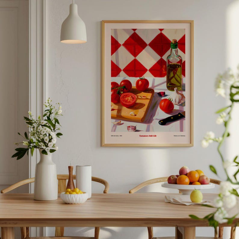 May include: A poster with a painting of a still life featuring red tomatoes, a bottle of olive oil, a garlic clove, and a knife on a white tablecloth with a red and white checkered background. The poster is titled "Tomatoes Still Life".