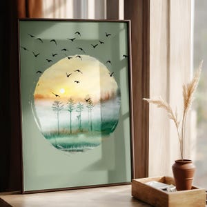 Stormo di uccelli tramonto poster sfondo verde salvia, stampa artistica da parete incorniciata, stampa artistica da parete con paesaggio ad acquerello