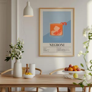 Negroni Print Wall art oprawione, przepis na koktajl plakat pomysł na prezent, kuchnia i jadalnia Wall art, Negroni drink art