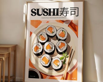 May include: A vintage-style poster featuring a plate of sushi rolls on a red and white checkered tablecloth. The poster is titled "SUSHI 寿司" and includes the text "Costed by Hanaya Yohei during the Edo period (1603-1867)".