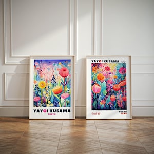 Yayoi Kusama Print Set 2, Flores de arte de pared enmarcadas, Cartel de Kusama de regalo, Arte de pared de mediados de siglo