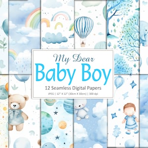 Watercolor Baby Boy, Digital Paper, Blue Nursery Background, Newborn Pattern, Commercial Use