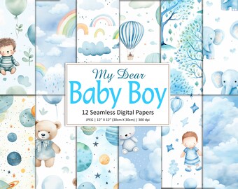 Watercolor Baby Boy, Digital Paper, Blue Nursery Background, Newborn Pattern, Commercial Use