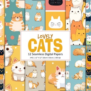 12 Seamless Cats Patterns, Pattern of cats, Digital paper with cats, Cats Background, Lovely Cats, cute cats paper, Commercial Use