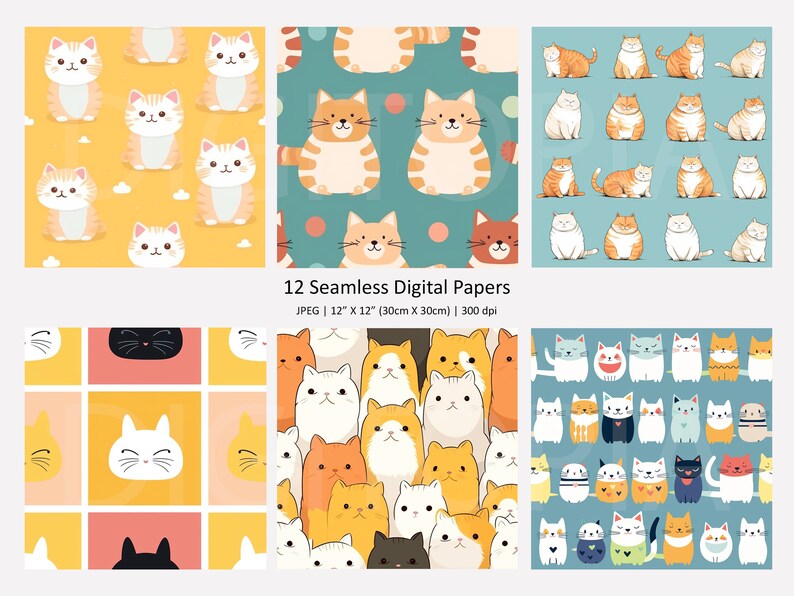 12 Seamless Cats Patterns, Pattern of Cats, Digital Paper With Cats ...