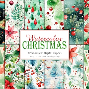 Watercolor Christmas Digital Paper: Seamless Xmas Patterns (Digital Download)
