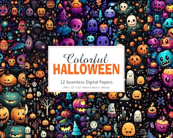 Colorful Halloween Digital Papers: Ghost, Pumpkin Background (12"x12")
