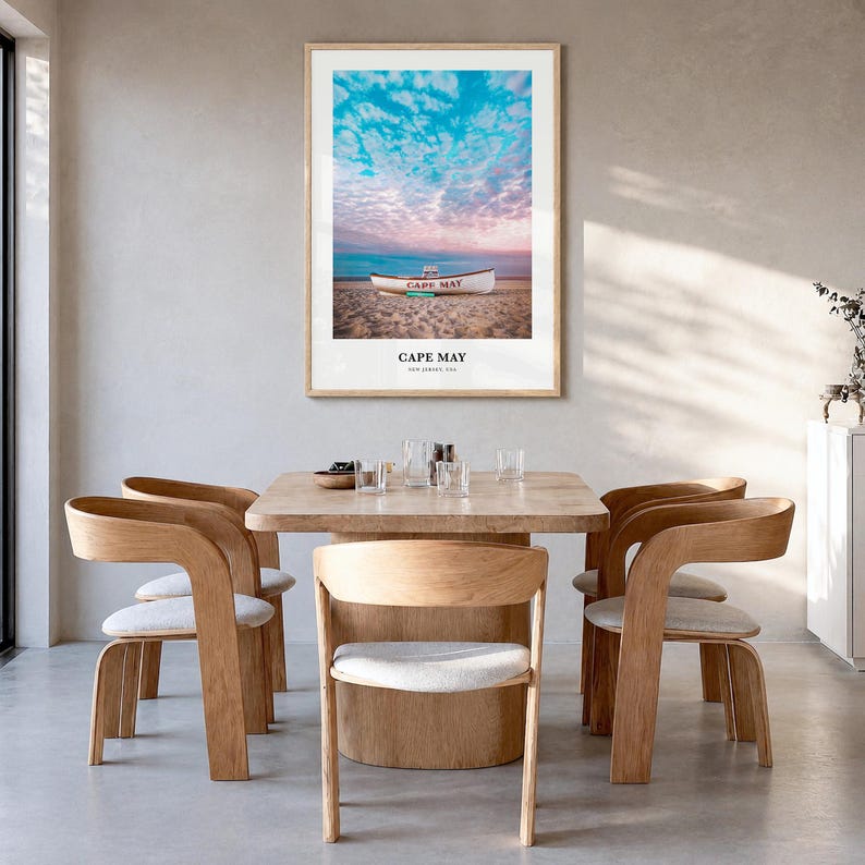 Cape May Print, colorful photo poster in a natural wood frame, hanging in a dining room