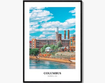 Impresión fotográfica de Columbus, Georgia, póster de viaje al río Chattahoochee, arte mural del Distrito de los Molinos, decoración de la Torre del Agua