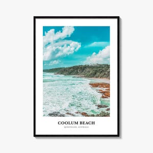 Impresión de la playa de Coolum, póster fotográfico de la playa de Coolum, arte mural turístico de la playa de Coolum, impresión de mapa de la playa de Coolum, fotografía, Queensland, Australia