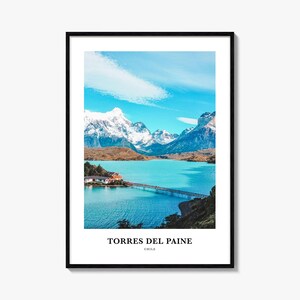 Impresión de Torres del Paine, póster fotográfico de Torres del Paine, arte mural turístico de Torres del Paine, impresión de mapa de Torres del Paine, Torres del Paine, Chile