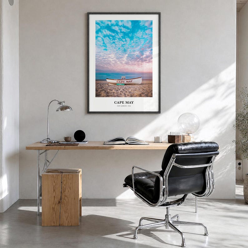 Cape May Print, colorful photo poster in a black wood frame, hanging in a bright home office