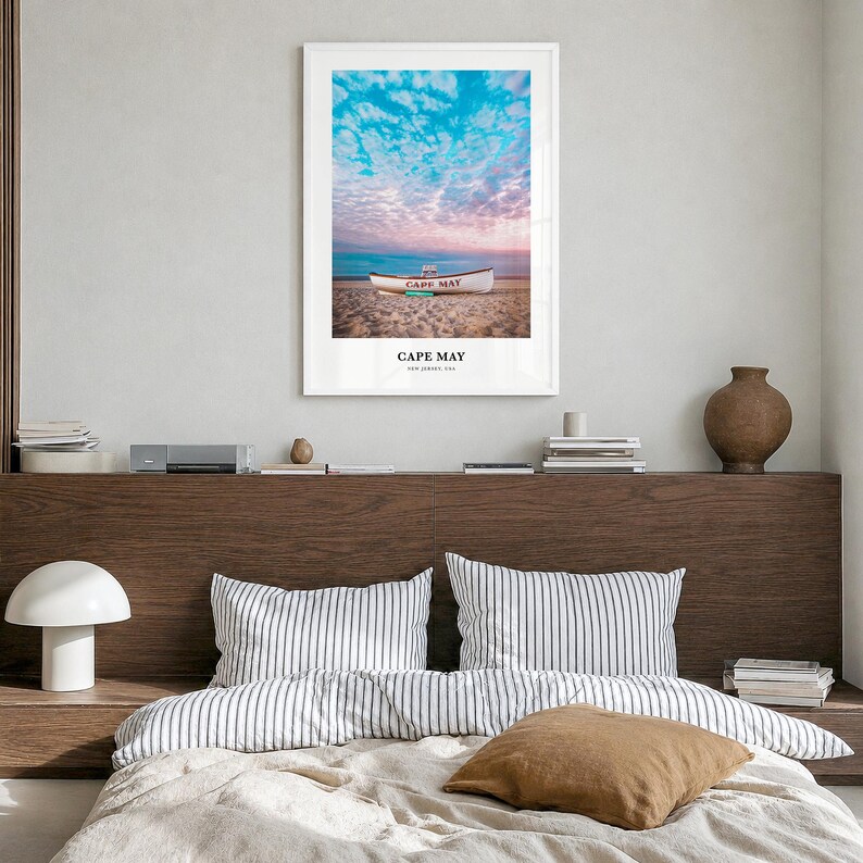 Cape May Print, colorful photo poster in a white wood frame, hanging in a bedroom
