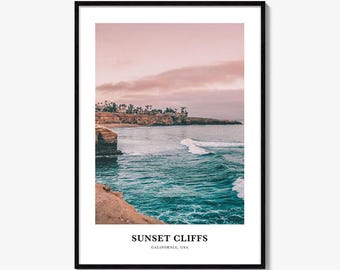 Impresión fotográfica de acantilados al atardecer, póster de viaje a California, arte mural de San Diego, decoración de la costa del Pacífico