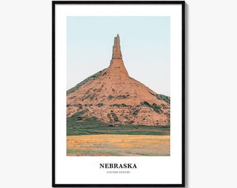 Impressão fotográfica do Nebraska, pôster de viagem de Chimney Rock, arte de parede dos Estados Unidos, decoração das Grandes Planícies