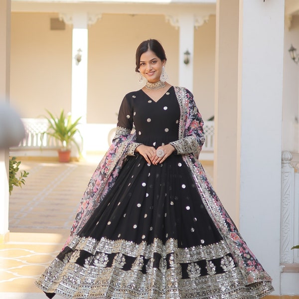 Black Valentine Gift For GirlFriend  Party Wear Faux Georgette with Embroidery Work Gown,Punjabi Wedding Dresses,Pakistani Ready-Made Dress