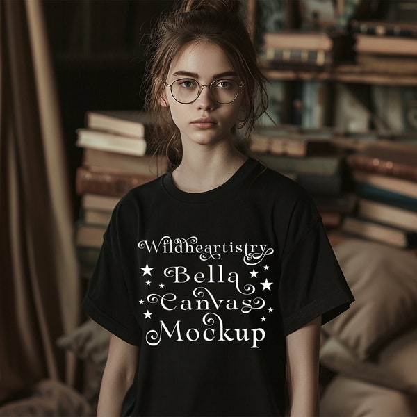 Bella Canvas 3001 Black Dark Academia T-shirt Mockup Library Mock up Nonbinary T-shirt Mockup Cottagecore Mock up Gender Neutral Tshirt Mock