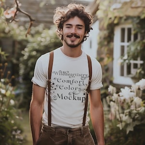 Cores confortáveis branco mockup cottagecore camiseta mockup alternativa mock boho mock up verão cottage jardim mockup camiseta masculina mock