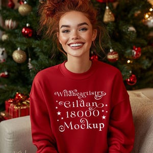 Gildan 18000 Red Oversized Sweater Mockup Christmas Trendy Female Model Mock up Xmas Holiday Seasonal Mock up Winter Cozy Sweater Mockup