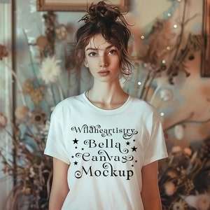 Bohemian Floral Interior Mockup Bella Canvas 3001 White Tshirt Mock up Softcore T-shirt Mock-up Boho Hippie Feminine Interior Mock up