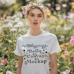 Cottagecore Garden Girl Tshirt Mock-up Boho Summer Floral Tshirt Mockup White Bella Canvas 3001 T-shirt Mock up Whimsical Softcore Mock up