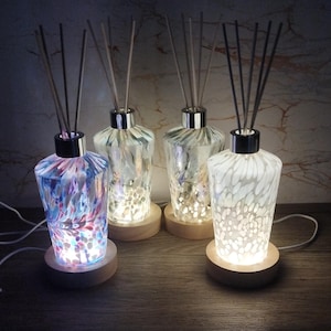 Handcrafted Glass Diffuser Bottle Lamp With Led Light – Unique Iridescent Home Decor, Artisan Reed Diffuser Lamp, Elegant Room Fragrance