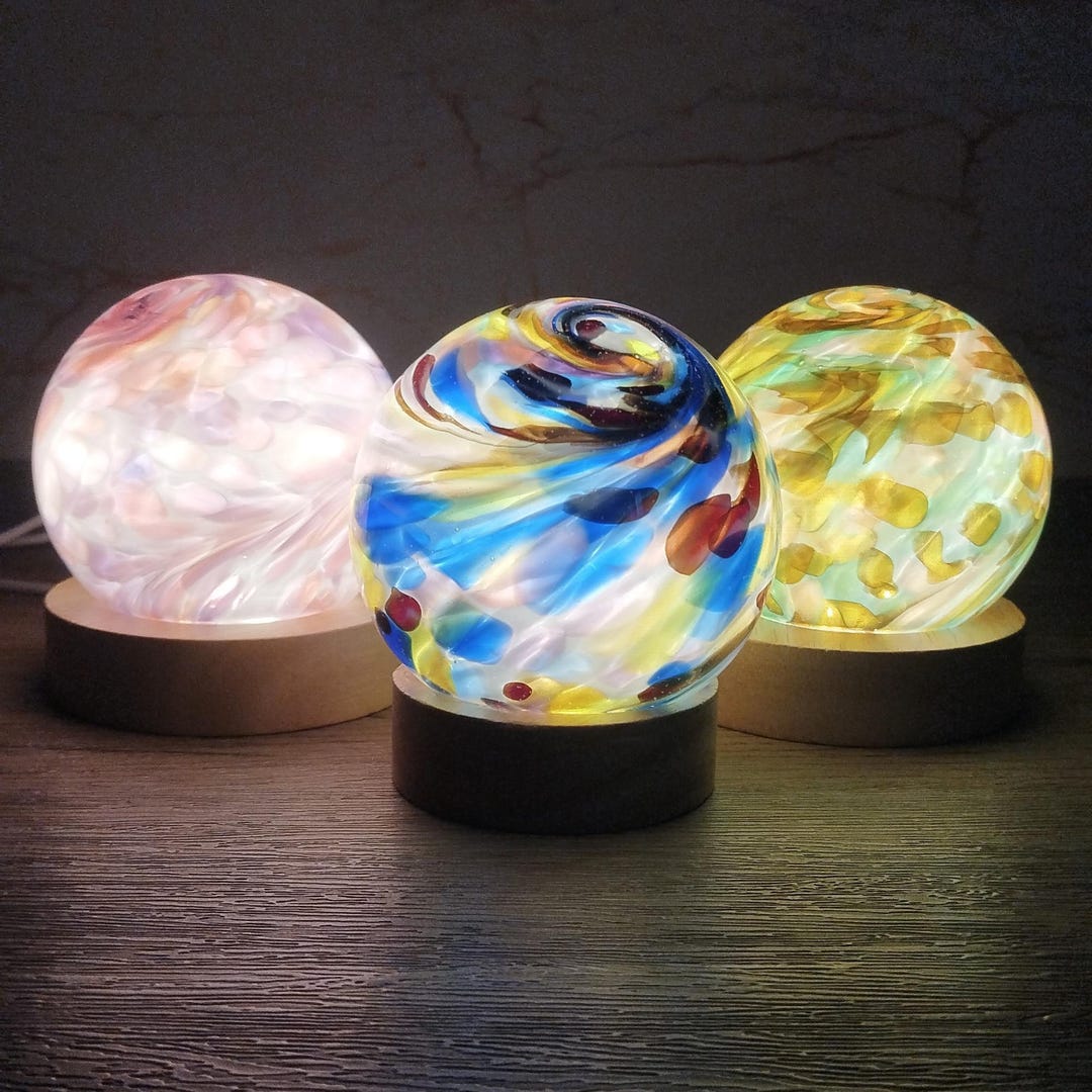 Hand Blown Glass Sphere Lamp: LED Ambient Night Light With Wood Base - Etsy
