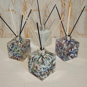 Handcrafted Square Glass Diffuser Bottle – Unique Iridescent Home Decor, Artisan Reed Diffuser, Elegant Room Fragrance, Gift Idea